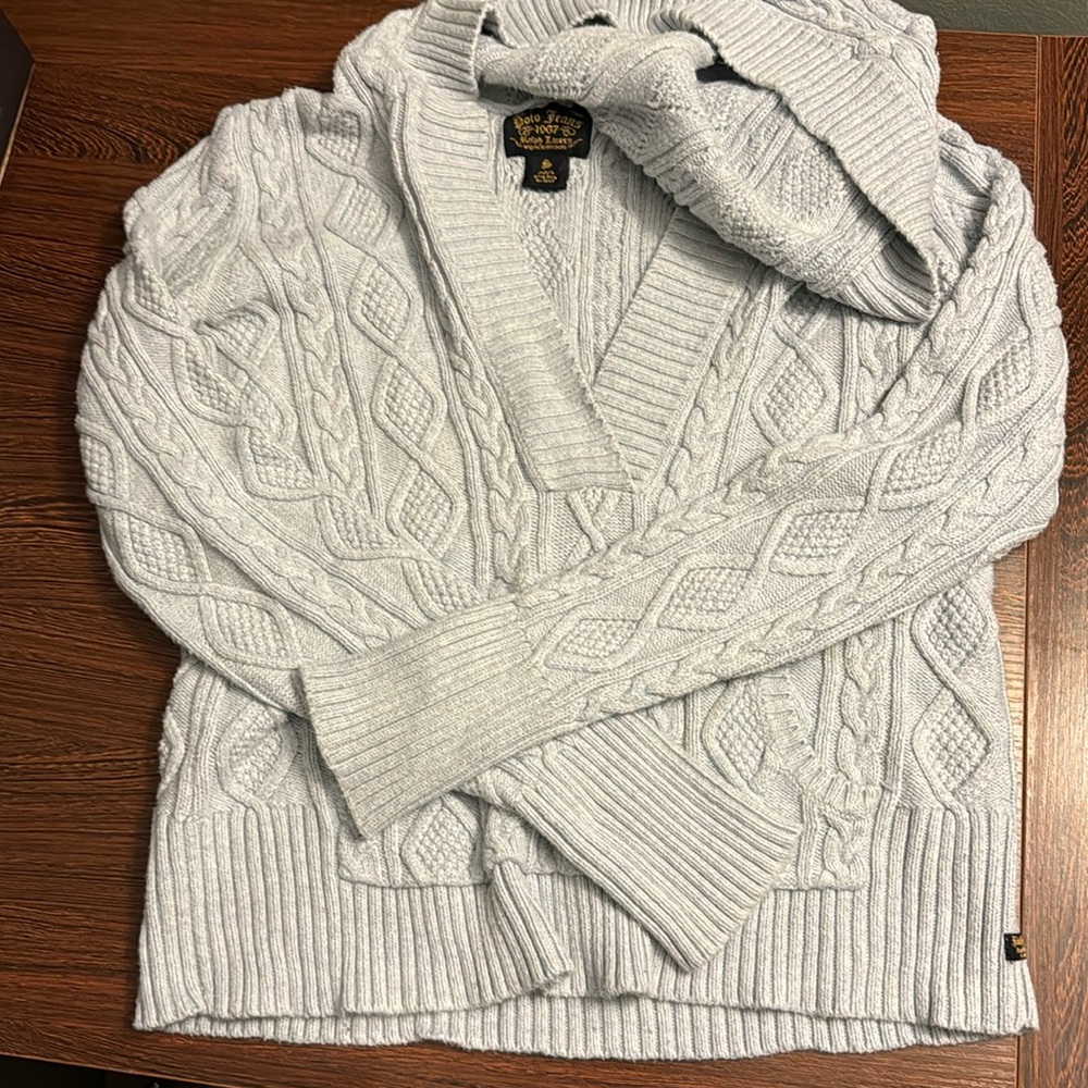 Ralph Lauren Polo Jeans Co. Cable Knit Hooded Sweater Small Light Powder Blue